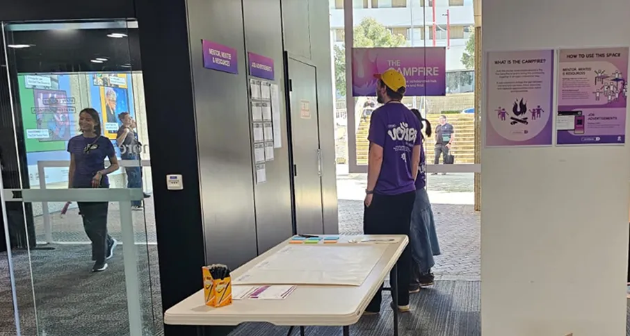 Visitors browsing the Campfire boards at UXCamp 2025
